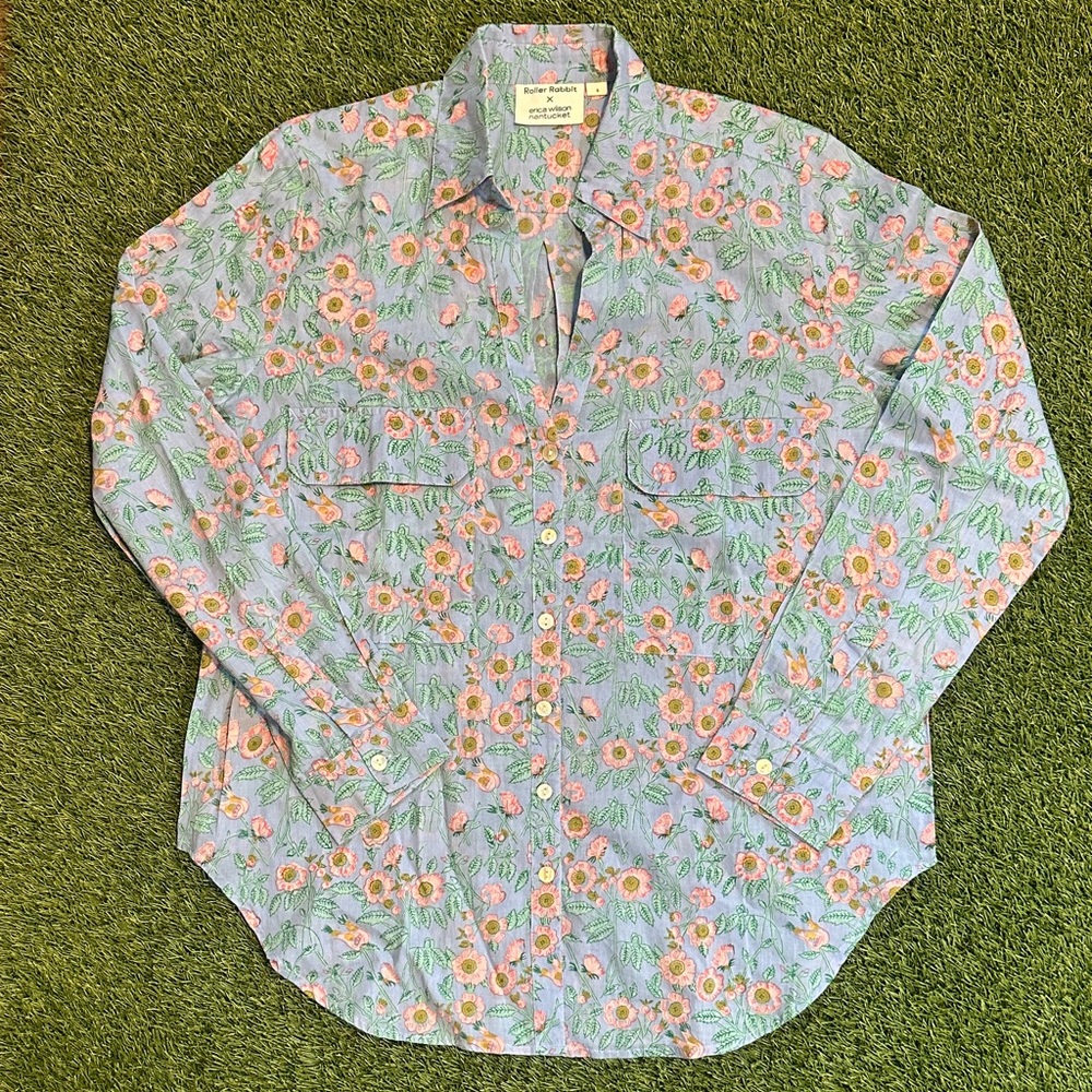 Roller Rabbit x Erica Wilson Nantucket Floral Button-Down Shirt - Blue and Pink